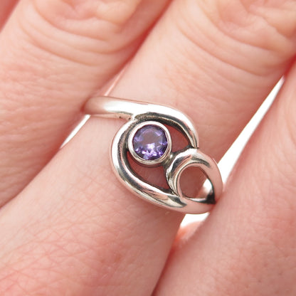 925 Sterling Silver Vintage Real Amethyst Modernist Swirl Ring Size 6.75