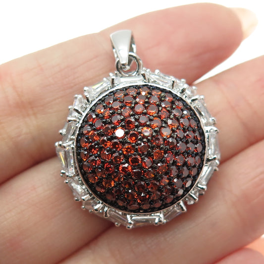 925 Sterling Silver Real Red Garnet & Tapered Baguette-Cut C Z Round Pendant