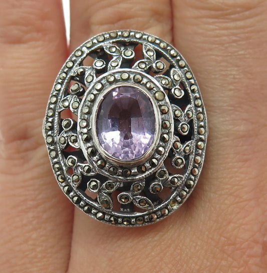 925 Sterling Silver Vintage Real Amethyst & Marcasite Gemstone Ring Size 6