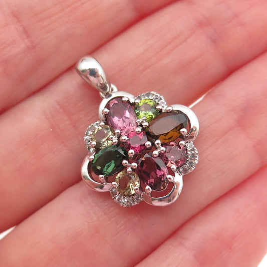 925 Sterling Silver Vintage Real Multi-Color Tourmaline & White Topaz Pendant