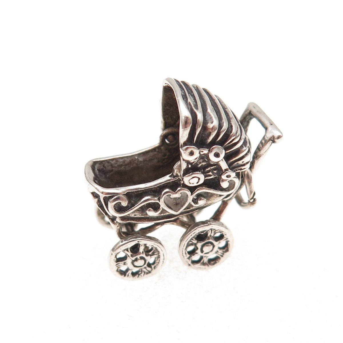 925 Sterling Silver Antique Art Deco Baby Stroller Oxidized 3D Charm Pendant