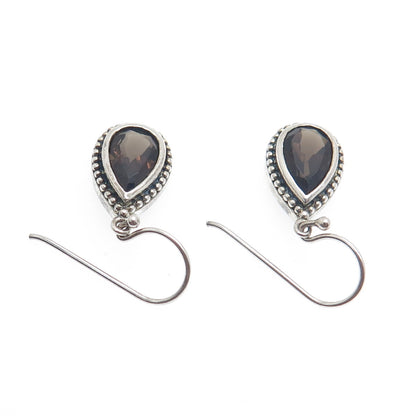 925 Sterling Silver Vintage Real Pear-Cut Smoky Quartz Dangle Earrings