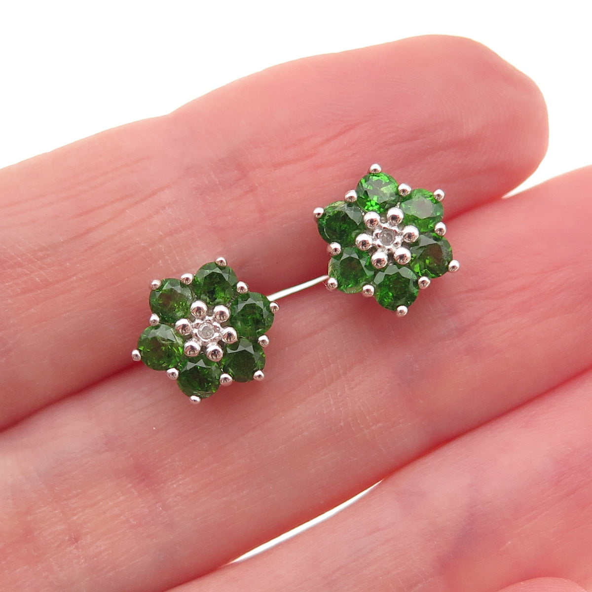 925 Sterling Silver Real Round-Cut Diamond & Peridot Floral Stud Earrings