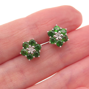 925 Sterling Silver Real Round-Cut Diamond & Peridot Floral Stud Earrings