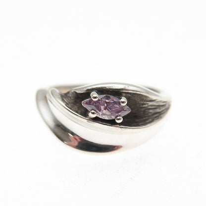 925 Sterling Vintage Marquise-Cut Purple C Z Modernist Oxidized Ring Size 6