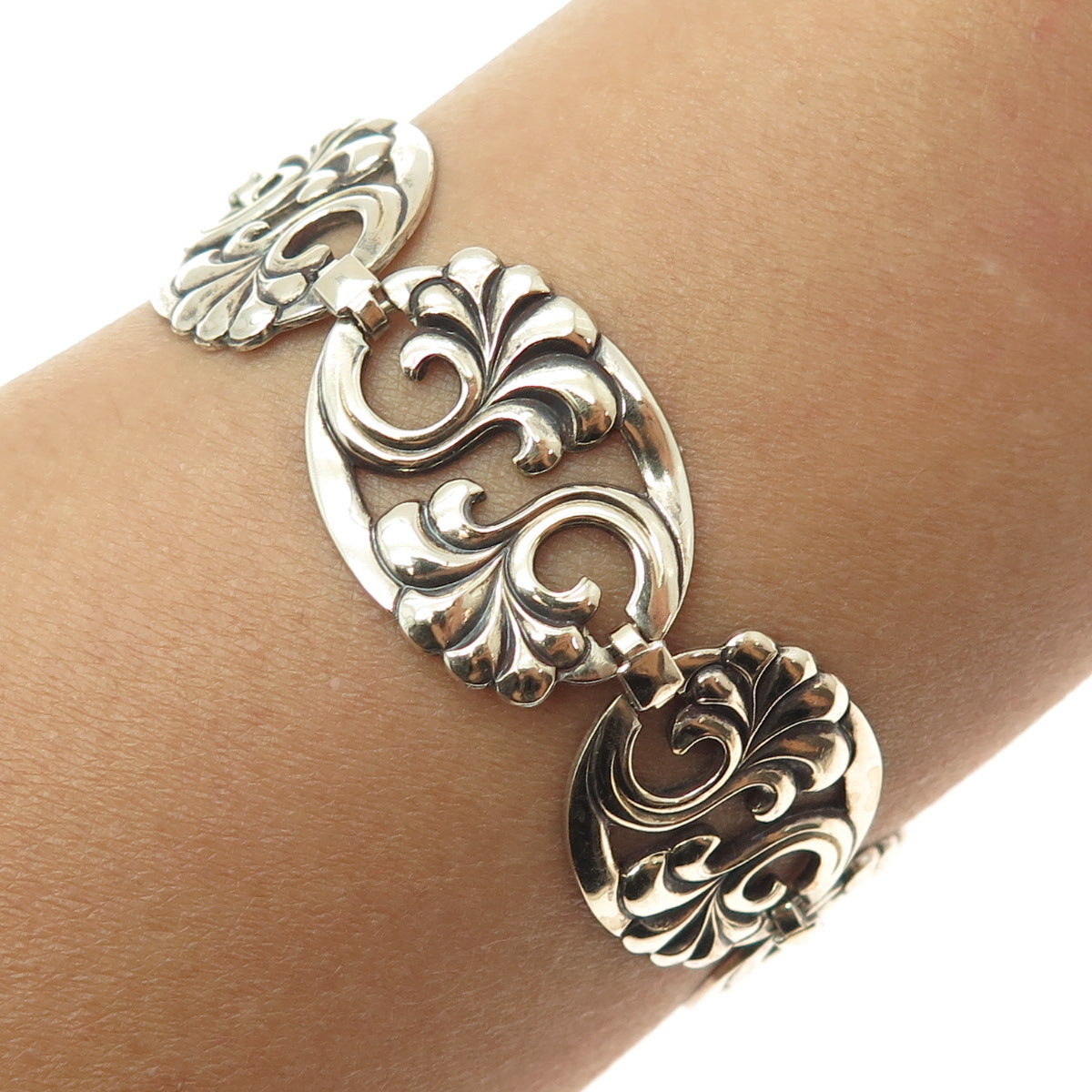 SYMMETALIC 14K Gold & 925 Sterling Silver Antique Art Deco Floral Bracelet 7.5"