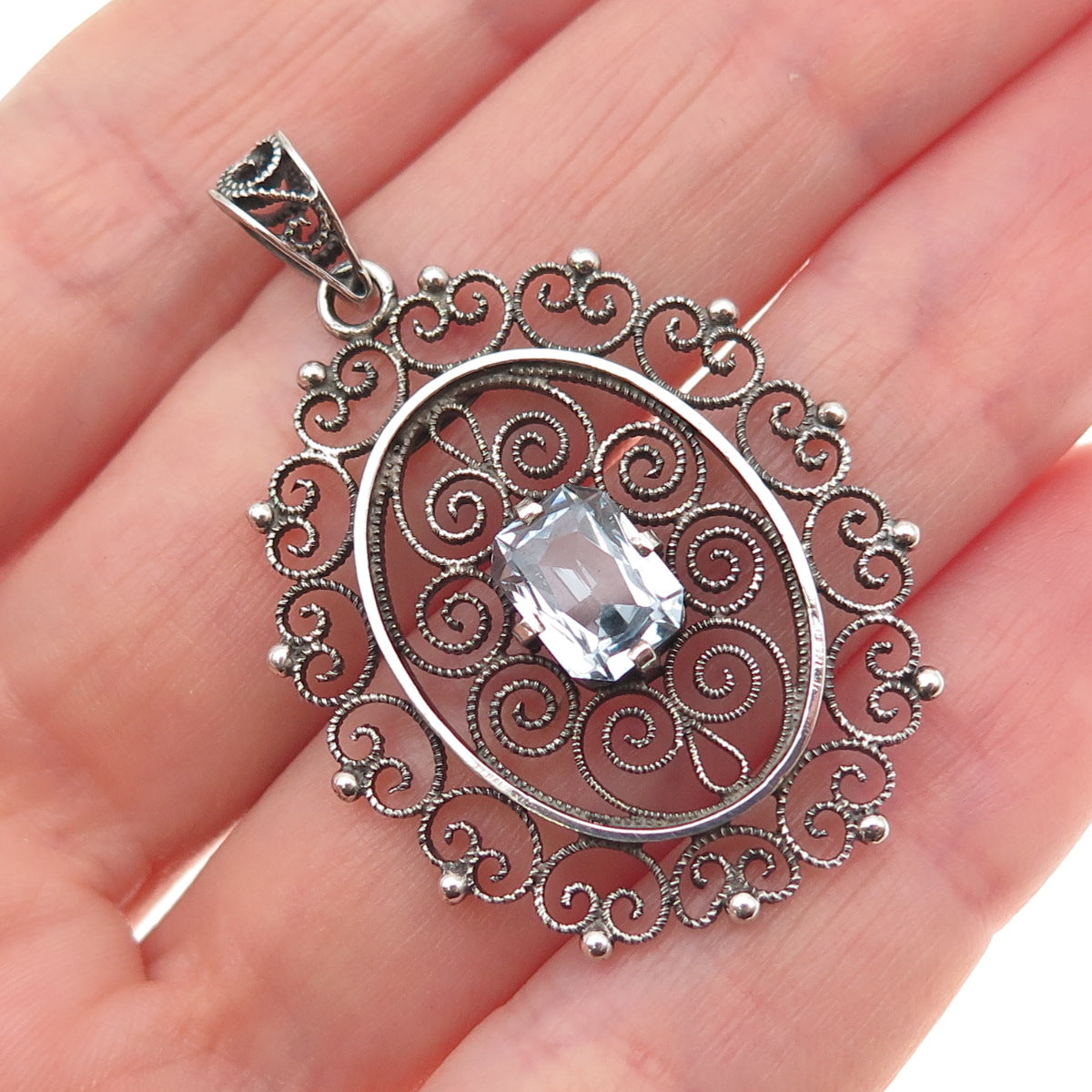 Nils Erik Elvik 830S Silver Vintage Norway Rhinestone Filigree Oxidized Pendant