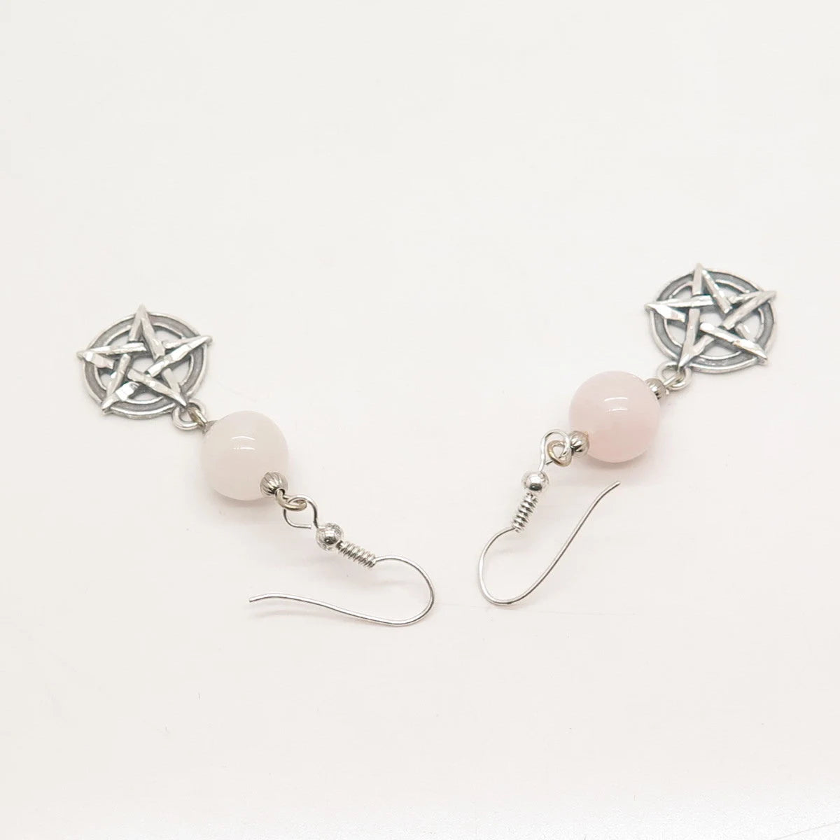 925 Sterling Silver Vintage Real Rose Quartz Star Dangling Earrings