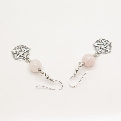 925 Sterling Silver Vintage Real Rose Quartz Star Dangling Earrings