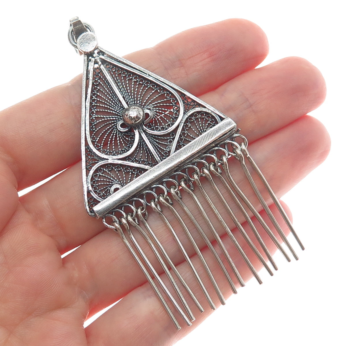 925 Sterling Silver Vintage Filigree Floral Leaf Triangle Oxidized Pendant