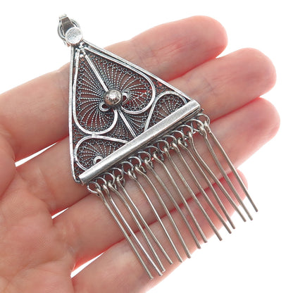 925 Sterling Silver Vintage Filigree Floral Leaf Triangle Oxidized Pendant