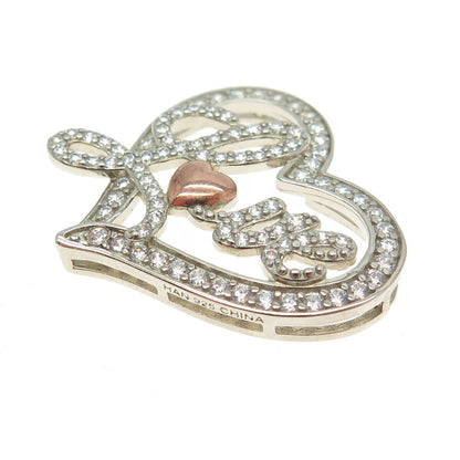 HAN 925 Sterling Silver 2-Tone Round-Cut C Z "Love" Heart Slide Pendant