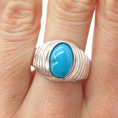 925 Sterling Silver Vintage Real Turquoise Modernist Ring Size 10