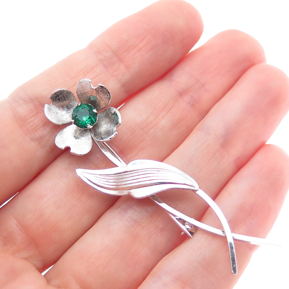 VAN DELL 925 Sterling Silver Vintage Green Rhinestone Flower Pin Brooch