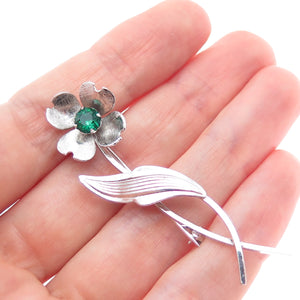 VAN DELL 925 Sterling Silver Vintage Green Rhinestone Flower Pin Brooch