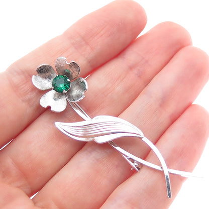 VAN DELL 925 Sterling Silver Vintage Green Rhinestone Flower Pin Brooch
