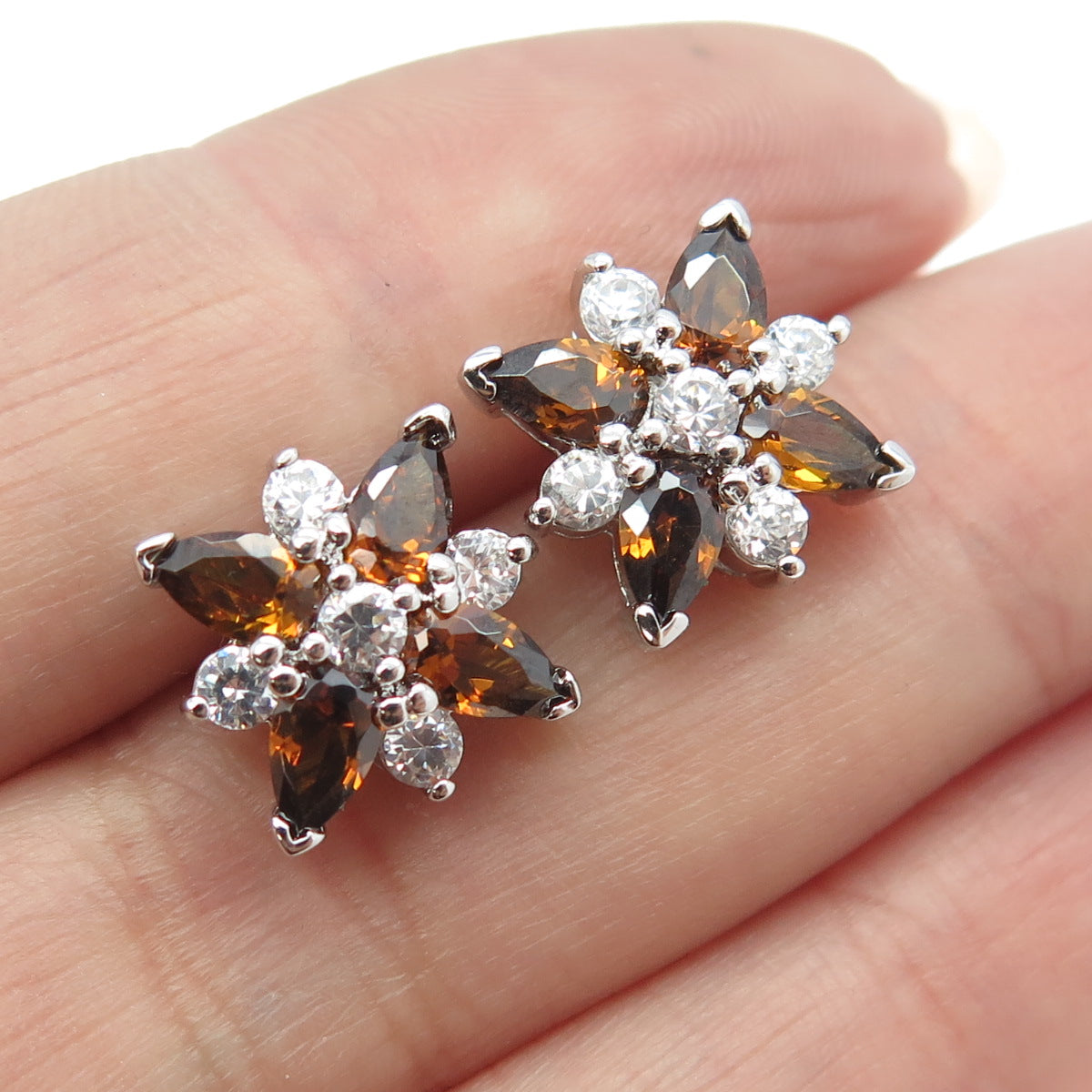 925 Sterling Silver Real Pear-Cut Citrine & Round C Z Floral Earrings