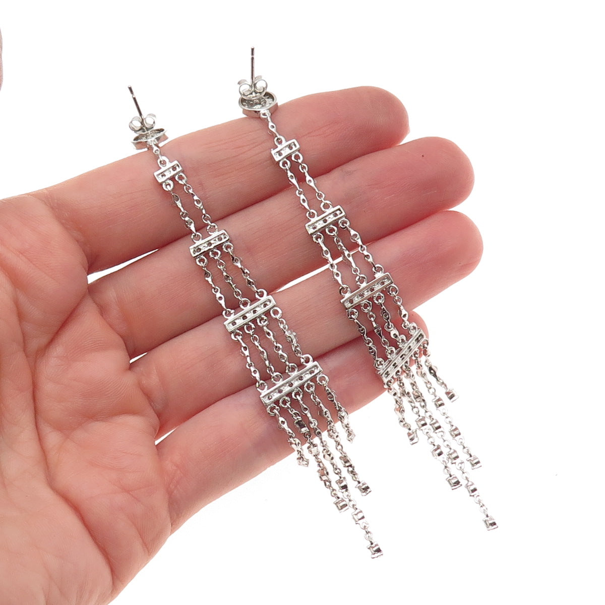 925 Sterling Silver Round-Cut C Z Long Dangle Earrings