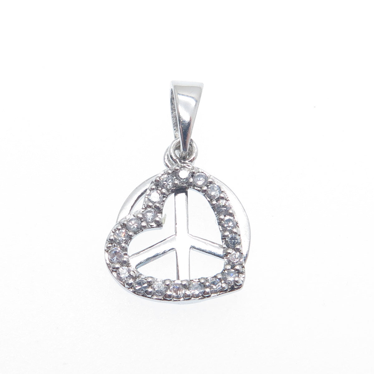 925 Sterling Silver ATI C Z Open Heart & Symbol of Peace Minimalist Pendant