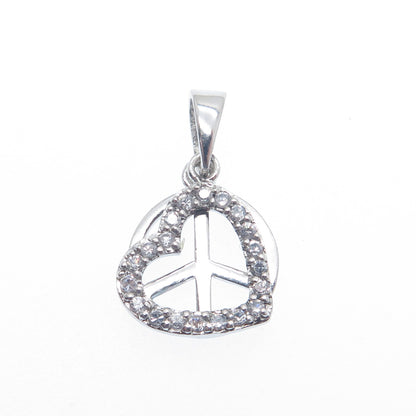 925 Sterling Silver ATI C Z Open Heart & Symbol of Peace Minimalist Pendant