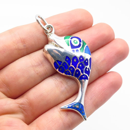 925 Sterling Silver Vintage Colorful Enamel Fish Pendant
