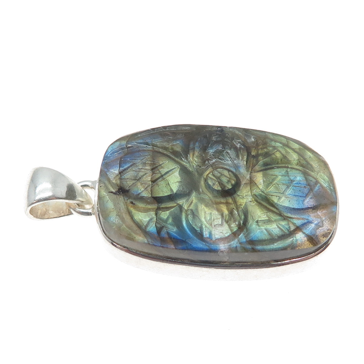925 Sterling Silver Vintage Real Labradorite Carved Flower Charm Pendant