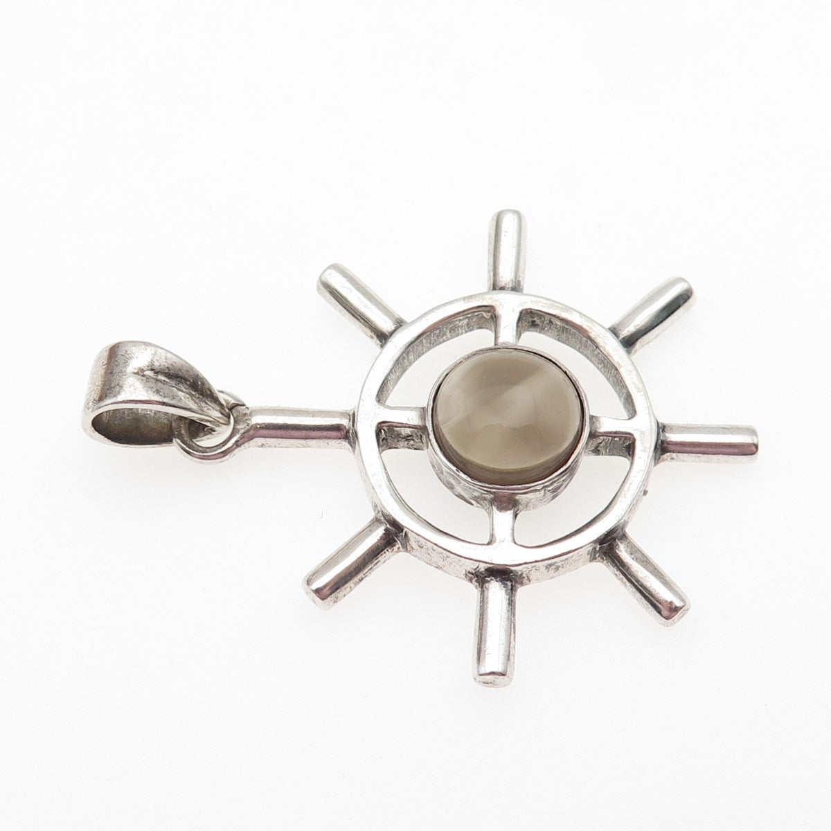 925 Sterling Silver Vintage Real Smoky Quartz Ship Wheel Charm Pendant
