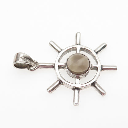 925 Sterling Silver Vintage Real Smoky Quartz Ship Wheel Charm Pendant