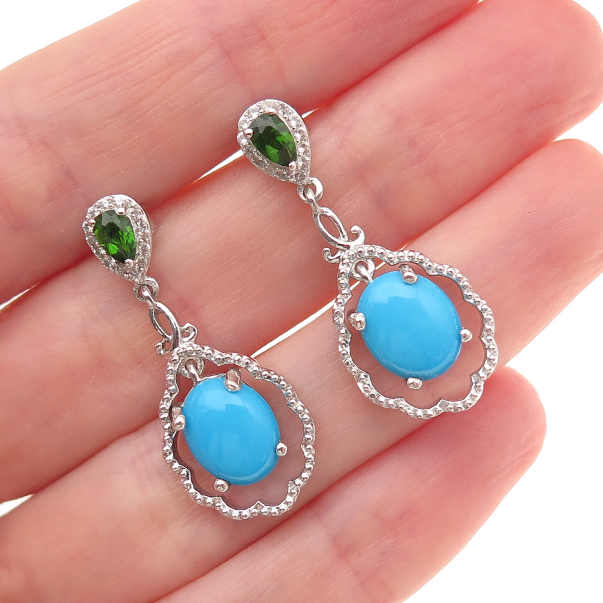 Chuck Clemency 925 Sterling Silver Real Turquoise Peridot & White Topaz Earrings