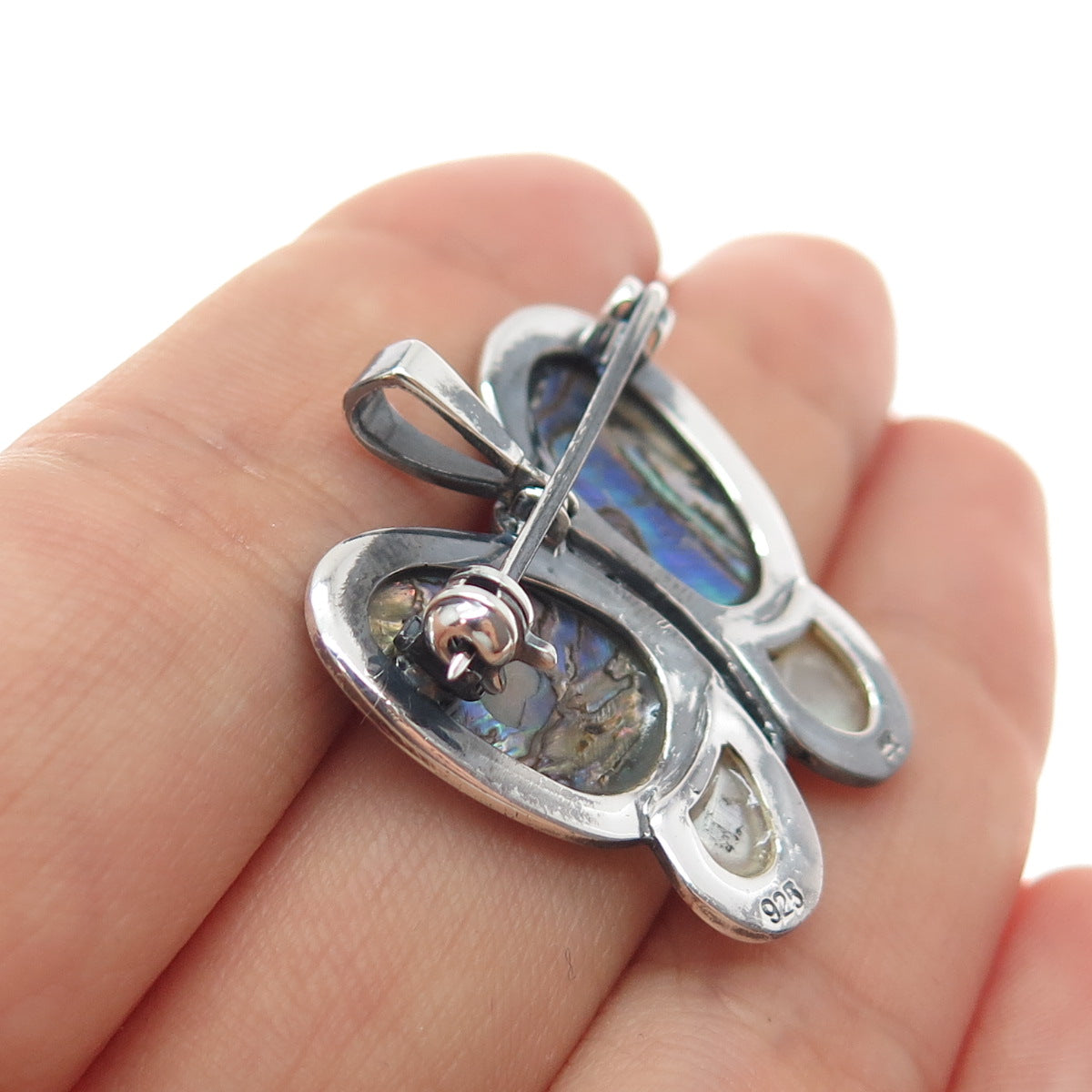 925 Sterling Silver Vintage Real Abalone Shell MOP C Z Butterfly Brooch Pendant