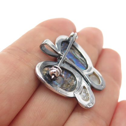 925 Sterling Silver Vintage Real Abalone Shell MOP C Z Butterfly Brooch Pendant