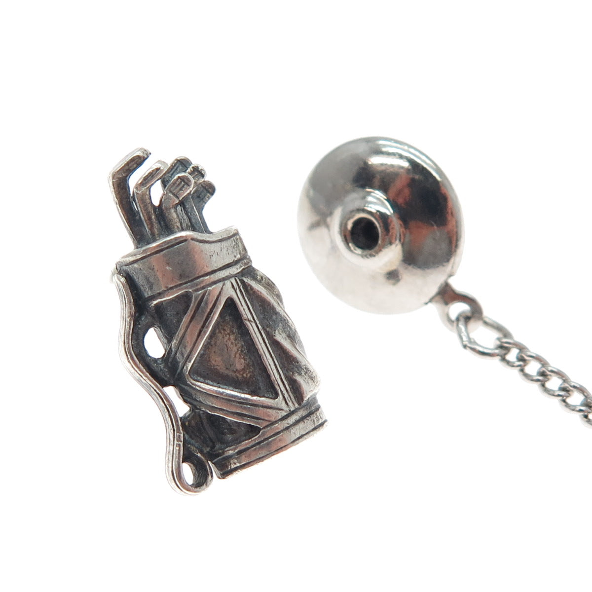 OSTBY & BARTON 925 Sterling Vintage Golf Club Oxidized Tie Tack w/ Button Chain