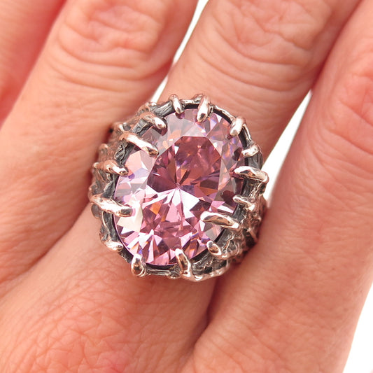 925 Sterling Silver Vintage Pink C Z Modernist Oxidized Ring Size 8.75