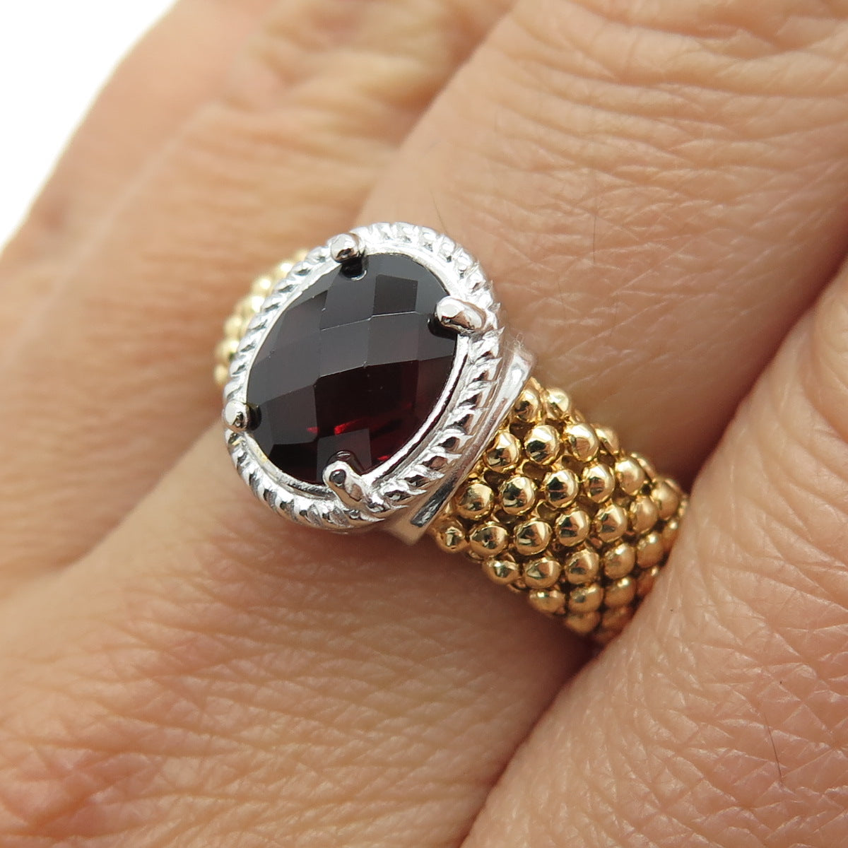 925 Sterling Silver 1/10 14K Gold Filled Italy Red Garnet Popcorn Ring Size 8.75