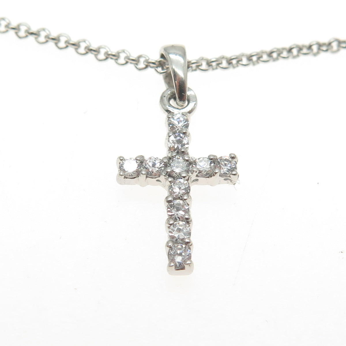 925 Sterling Silver Italy C Z Cross Pendant Rolo Chain Necklace 16"