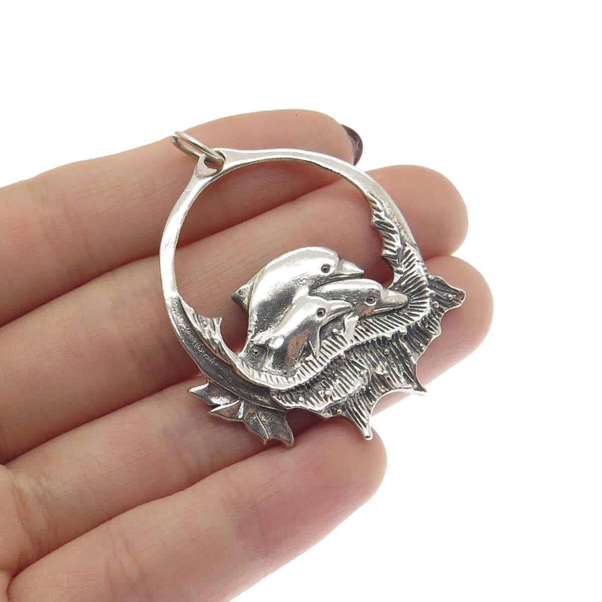 925 Sterling Silver Vintage Dolphin Family Oxidized Pendant