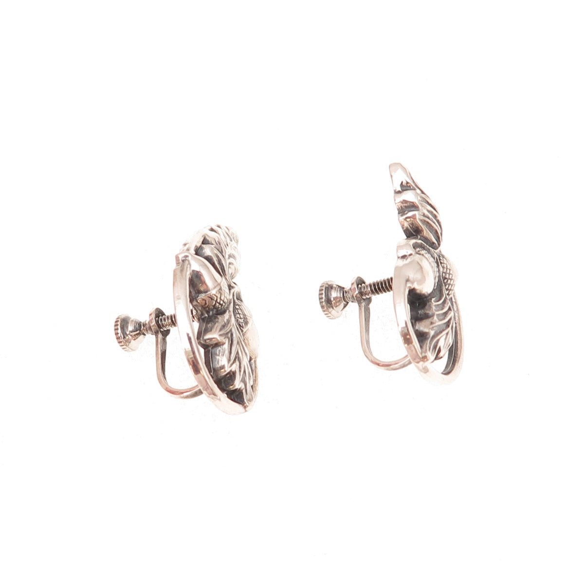 925 Sterling Silver Antique Art Deco Acorn Oxidized Screw Back Earrings