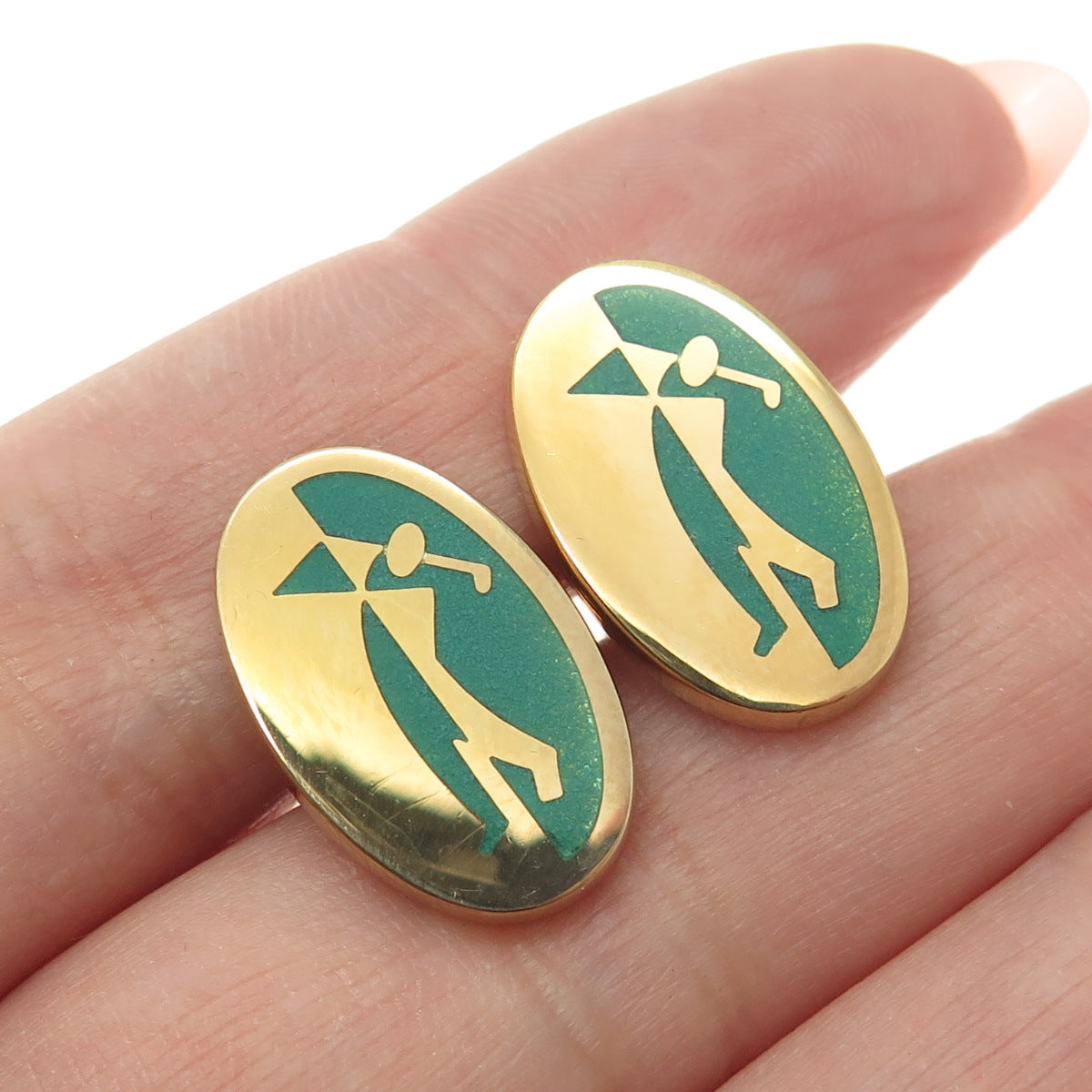 DUNHILL 925 Sterling Silver Gold Plated Vintage Enamel Golf Player Cufflinks