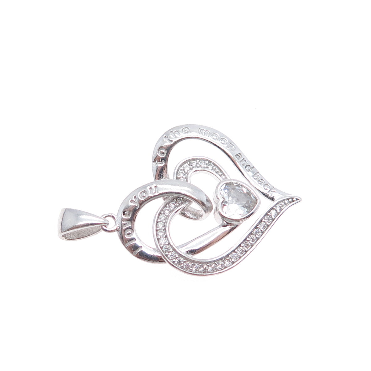 925 Sterling Silver C Z I Love You To The Moon & Back Double Heart Charm Pendant