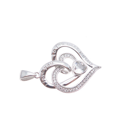 925 Sterling Silver C Z I Love You To The Moon & Back Double Heart Charm Pendant