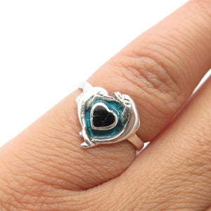 925 Sterling Silver Vintage Real Black Onyx Gem Couple of Dolphins Ring Size 4