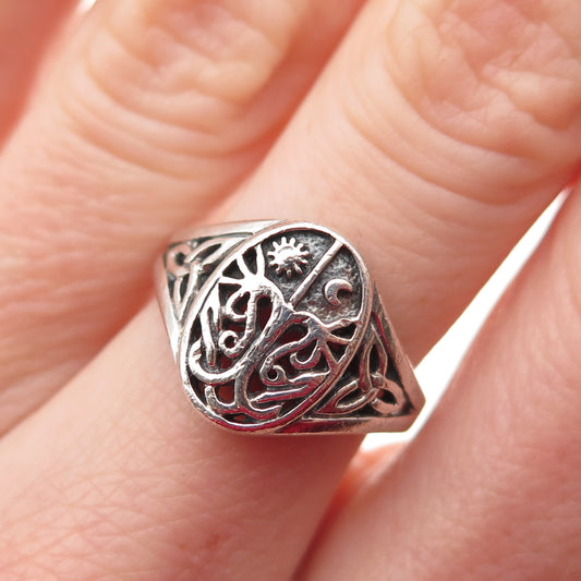 BLING 925 Sterling Vintage Celtic Night Day Sun Moon Tree of Life Ring Size 6