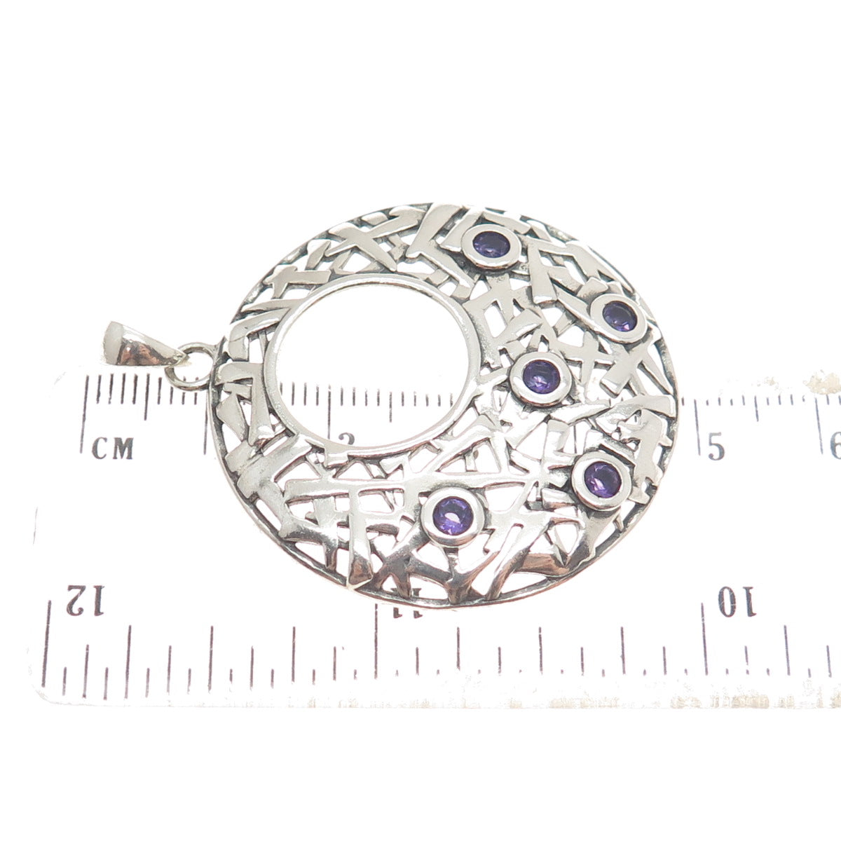 OR PAZ 925 Sterling Silver Vintage Israel Amethyst Ornate Crescent Disc Pendant