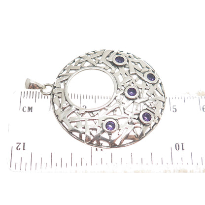 OR PAZ 925 Sterling Silver Vintage Israel Amethyst Ornate Crescent Disc Pendant