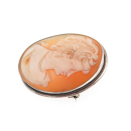 900 Silver Antique Art Deco Real MOP Lady Cameo Pin Brooch / Pendant
