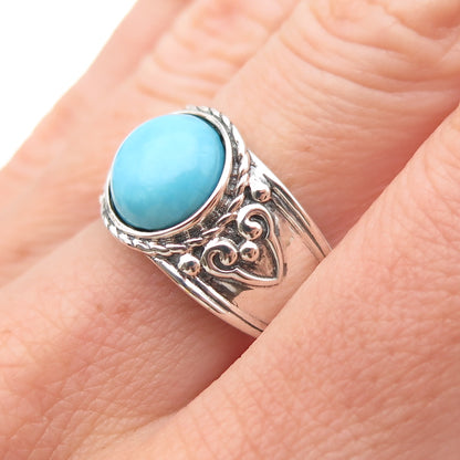 925 Sterling Silver Real Sleeping Beauty Turquoise Floral Ring Size 8.25