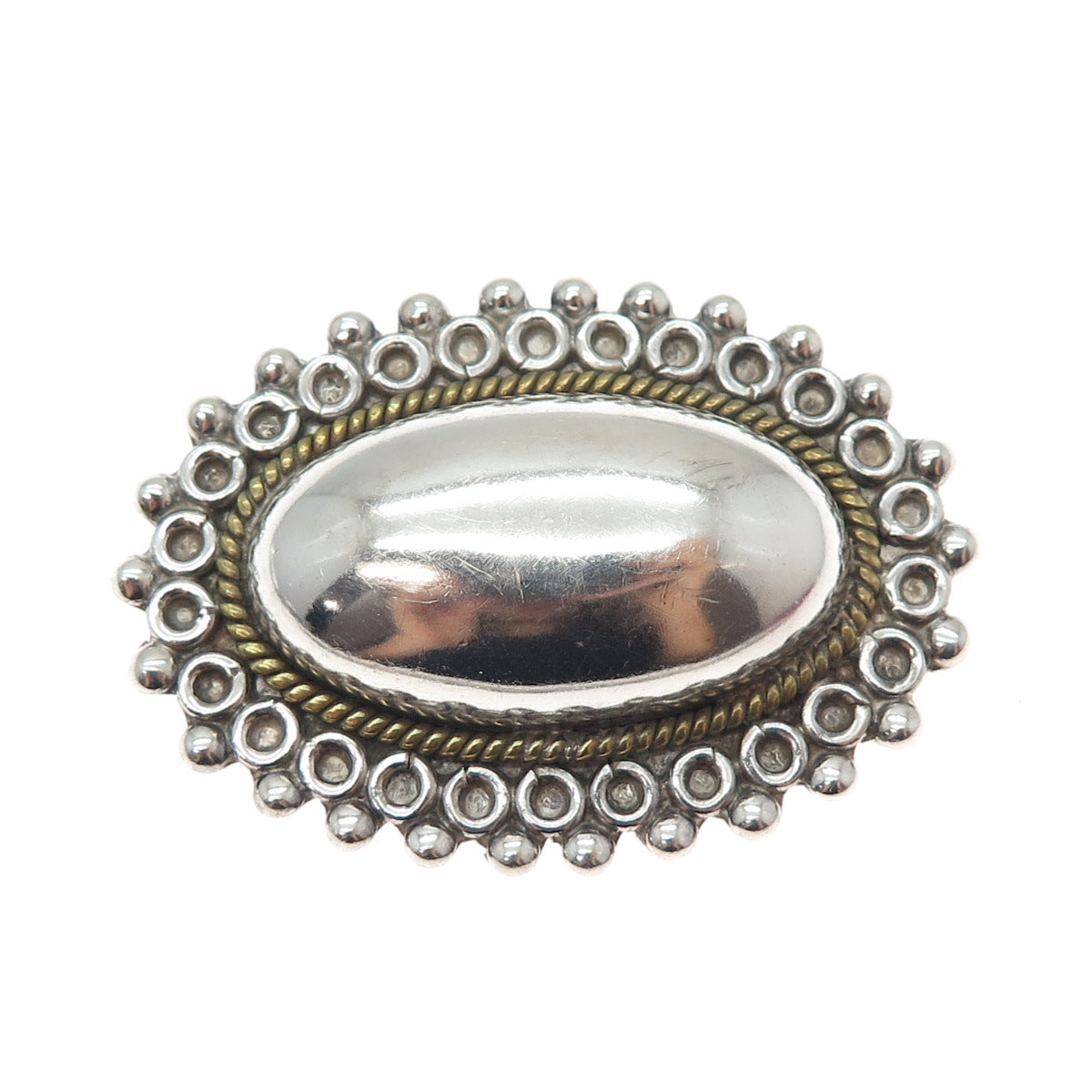 925 Sterling Silver 2-Tone Vintage Mexico Modernist Dome Pin Brooch / Pendant