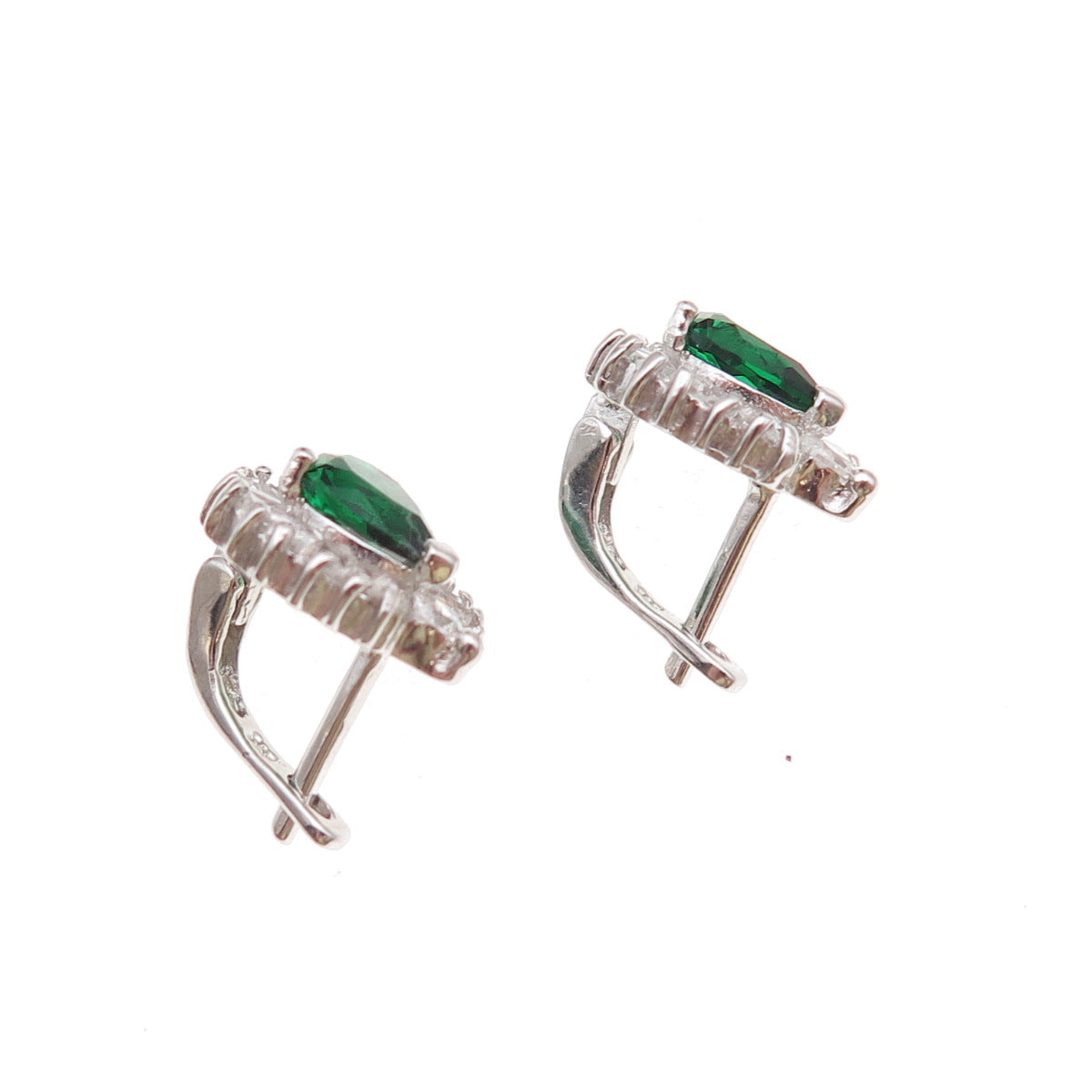 925 Sterling Silver Green & White C Z Teardrop Earrings