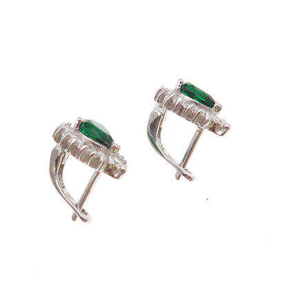 925 Sterling Silver Green & White C Z Teardrop Earrings
