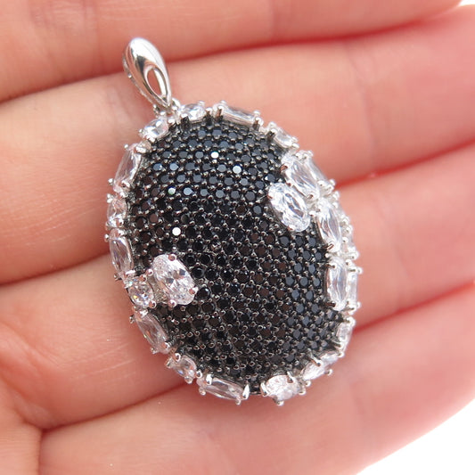 925 Sterling Silver Real Round-Cut Black Spinel & Oval-Cut C Z Charm Pendant